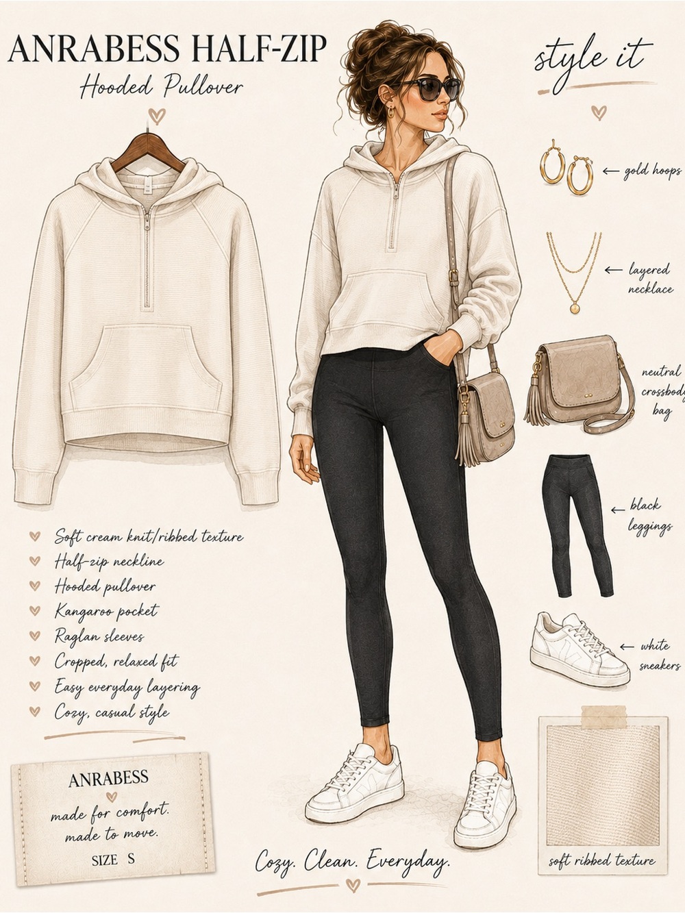 Anrabess Women’s Half-Zip Hooded Pullover - Cream